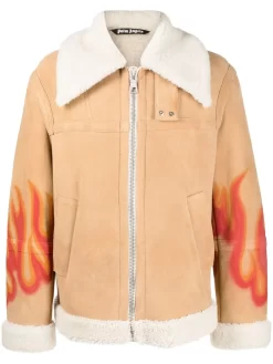 Herren Palm Angels Shearling-Jacke Mit Flammen-Print